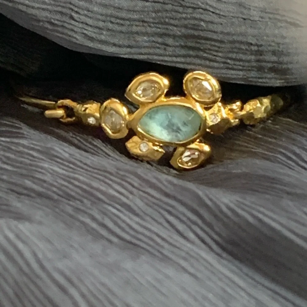 ALEXIS BITTAR NEW Gold Aqua Stone Crystals Byzantine Flower Hook Bangle Bracelet